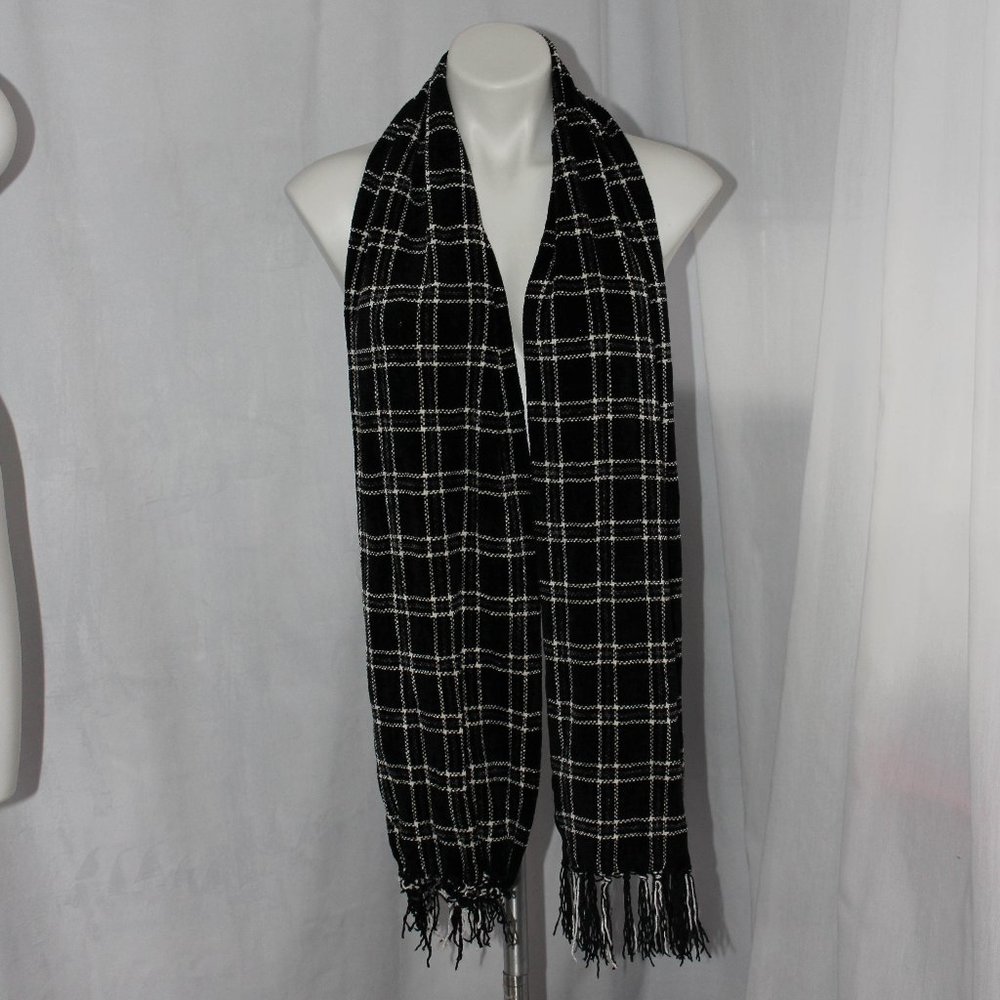 Twenty Degrees 20 Black Plaid Scarf Fringe Long